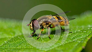 Details of a Yellow Hoverfly hidden in a green leaf