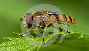 Details of a Yellow Hoverfly hidden in a green leaf