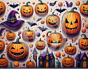 Whimsical Halloween Pattern with Jack-o'-Lanterns, Bats, and Witch Hat