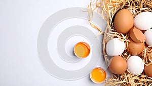 Raw chicken eggs and decorative straw on white table, flat lay. Space for text