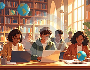 Diverse Students Engaged in Digital Learning in a Modern Library