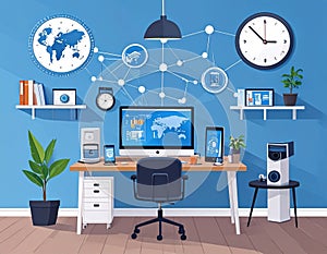 Modern Home Office Workspace with Global Connectivity and Smart Technology