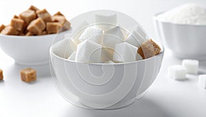 White bowls filled with different types of sugar are arranged on a white surface