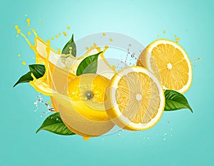 Fresh lemon and citrus juice splashes into the air on a turquoise background.