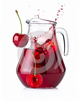 Fresh cherries in juice on a white background.