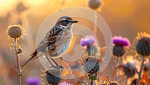 A stonechat in autumn among the thistles