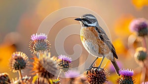 A stonechat in autumn among the thistles