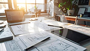 UI UX Designer Workspace with Wireframe Sketches and Laptop