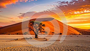Tree in front of Dune 40 in the orange sunset of Sossusvlei. Dunes in Sossusvlei