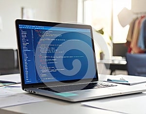 Coding on Laptop Screen Software Development and Programming Technology at a Modern Workspace
