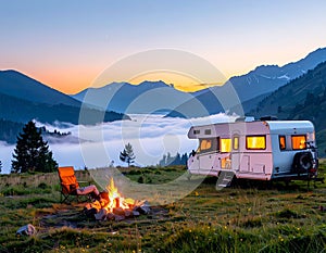Beautiful camper van with campfire at sunset in mountain nature