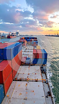 Cargo ship loading containers in Rotterdam. Deck of a cargo ship moored in Europort