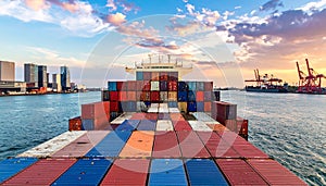 Cargo ship loading containers in Rotterdam. Deck of a cargo ship moored in Europort