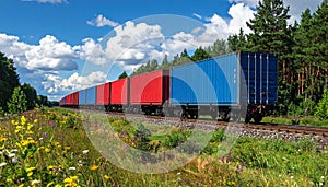 Cargo train. Train of red and blue shipping containers