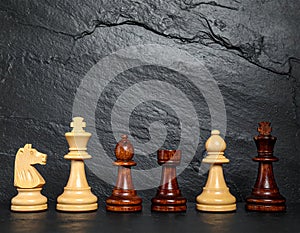 Different chess pieces on dark background. Space for text