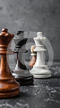 Different chess pieces on dark background. Space for text