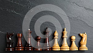 Different chess pieces on dark background. Space for text