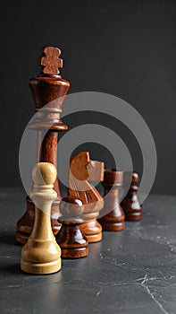 Different chess pieces on dark background. Space for text