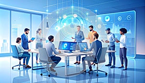 Generated image. Global Business Team Collaborating in Futuristic High-Tech Office.
