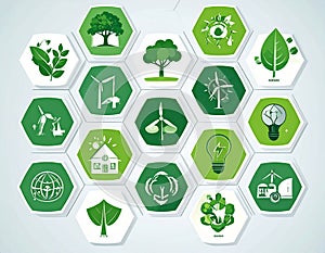 Green Energy and Sustainability Hexagon Icons Grid