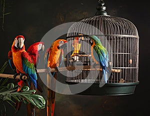 Beautiful bright parrots in cage indoors. Exotic pets