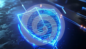 Data protection shield made of glowing binary codes