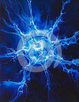 A visually striking abstract image resembling a neuron structure exploding in blue