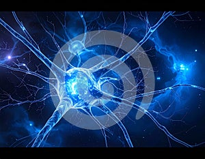 A visually striking abstract image resembling a neuron structure exploding in blue