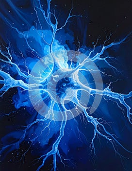 A visually striking abstract image resembling a neuron structure exploding in blue