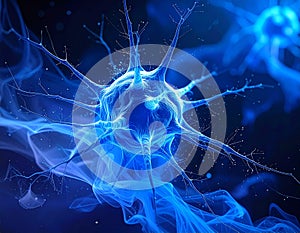 A visually striking abstract image resembling a neuron structure exploding in blue