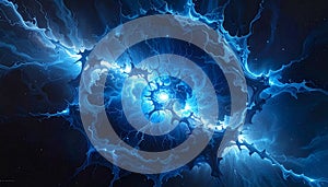 A visually striking abstract image resembling a neuron structure exploding in blue