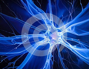 A visually striking abstract image resembling a neuron structure exploding in blue