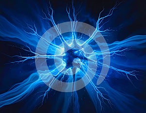 A visually striking abstract image resembling a neuron structure exploding in blue