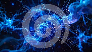 A visually striking abstract image resembling a neuron structure exploding in blue