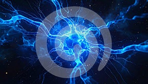 A visually striking abstract image resembling a neuron structure exploding in blue