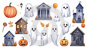 Set of ghost expression. Halloween phantom ghost with different character.