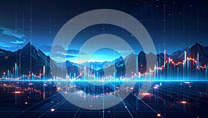 Futuristic Digital Data Landscape with Glowing Financial Charts