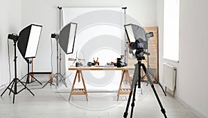 Photography Studio Setup Camera, Lighting, Backdrop, Table