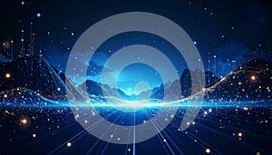 Futuristic Digital Mountain Landscape with Data Flow