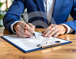 Businessman signing contract document at office desk in sunlight