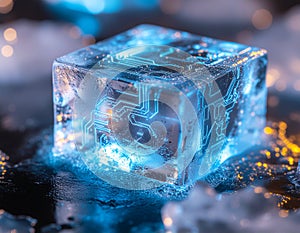 Futuristic Technology Concept: Glowing Circuit Board Frozen in Ice