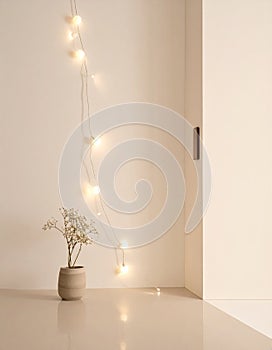 Single String of White Lights on Beige Wall