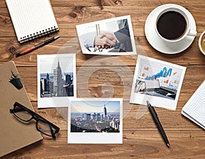 Business collaboration concept with handshake and city photos in frames