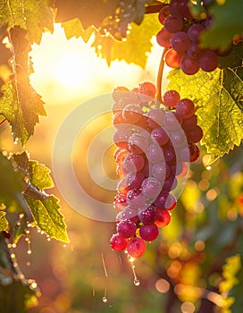 Close-up of pink grape vine with dew droplets on sunny background.