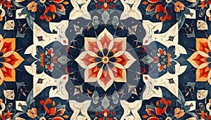 Intricate Floral Mandala Pattern in Deep Blue and Orange