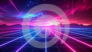 Retrofuturistic Neon Grid Landscape with Cosmic Sky