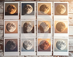 Collection of moon phase photos on rustic wooden table under warm light