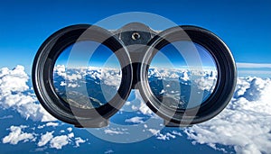 Binoculars with blue sky and clouds reflected in the lenses - future vision metaphor