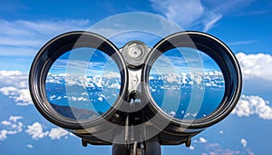Binoculars with blue sky and clouds reflected in the lenses - future vision metaphor