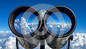 Binoculars with blue sky and clouds reflected in the lenses - future vision metaphor